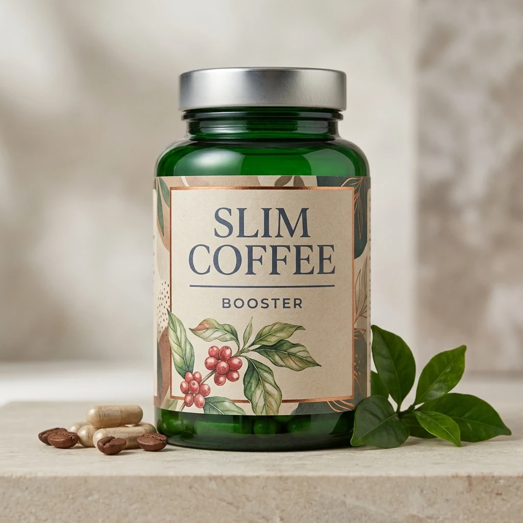 Slim Coffee Booster supplement box - dark navy packaging with gold and white typography